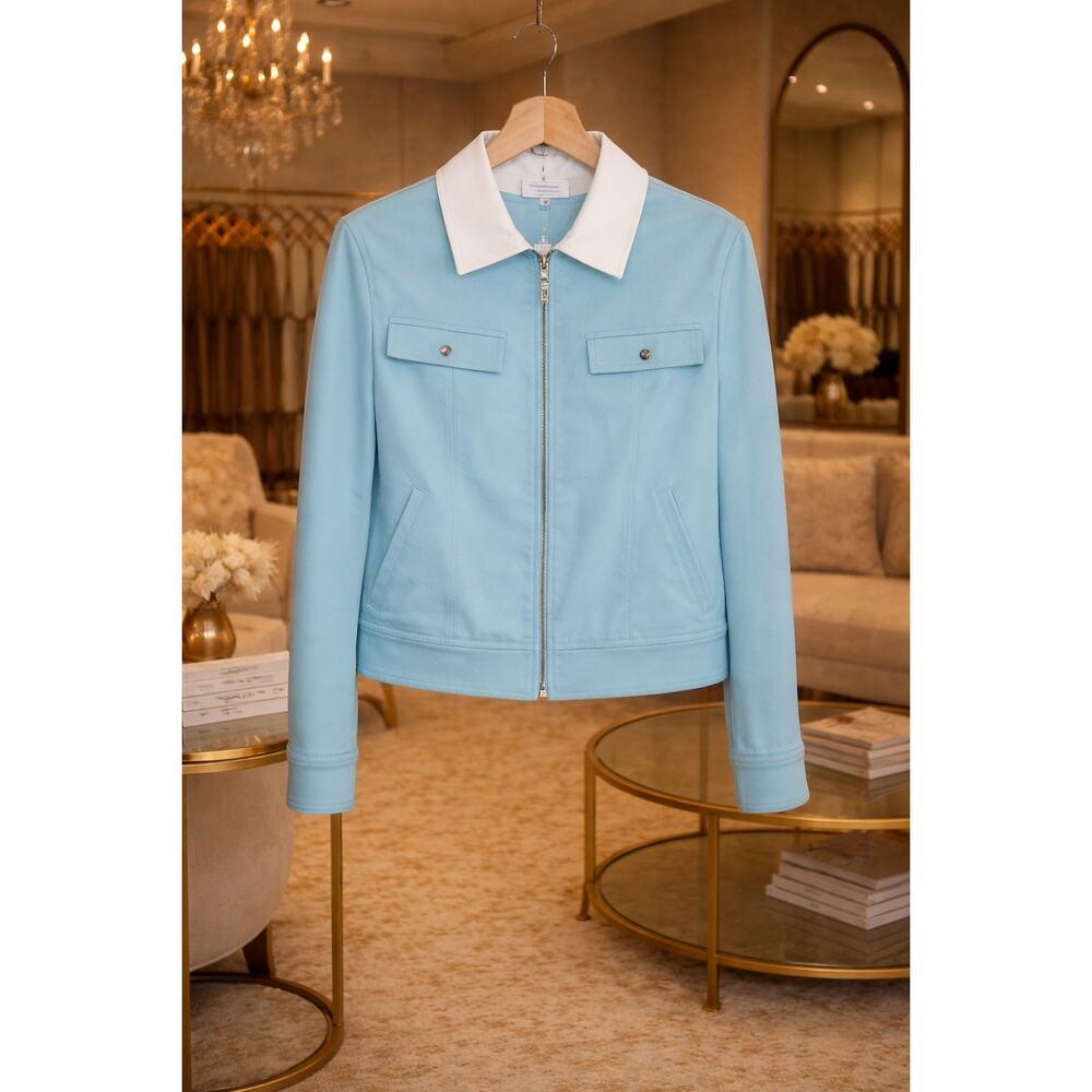 St John Sport Jacket Aqua Seafoam Zip White Collar Structured Size Small Casual